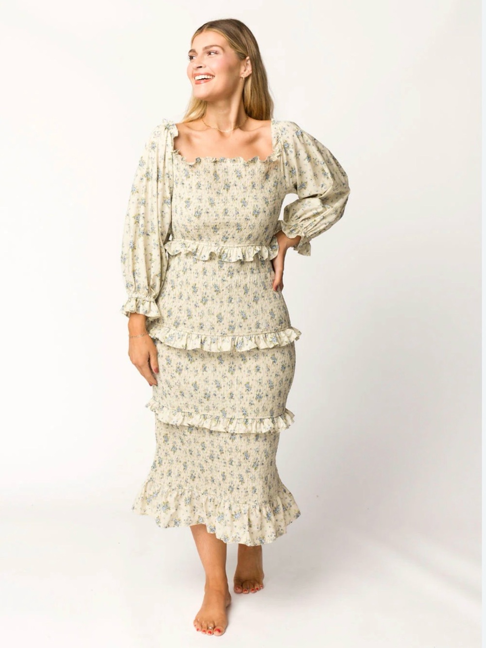 Floral Ruffle Maxi Dress in Cream